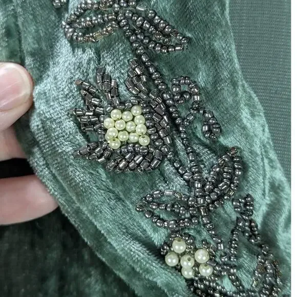April Cornell Victorian Trading Co Gatsby Sage Green Velvet Beaded Duster Boho - Picture 12 of 13